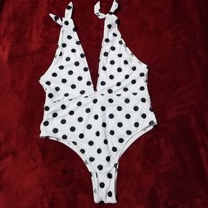 White Deep V Polka Dot Cheeky Swimsuit